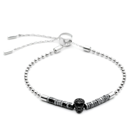 Black Skull Beaded Pull Chain Bracelet Mens Adjustable