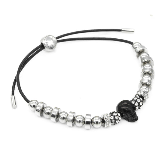 Black Skull Leather Adjustable Pull Cord Unisex Bracelet