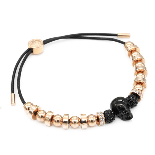 Black Skull Rose Gold Beaded Pull Cord Adjustable Bracelet