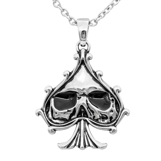 Black Skull Spade Pendant Necklace Gothic Biker Mens