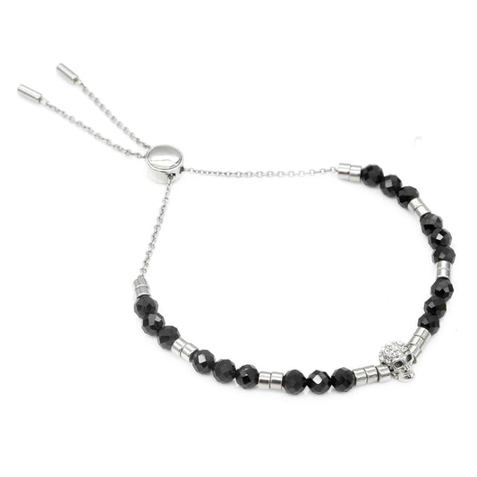 Black Spinel Beaded Bracelet With White Swarovski Skull