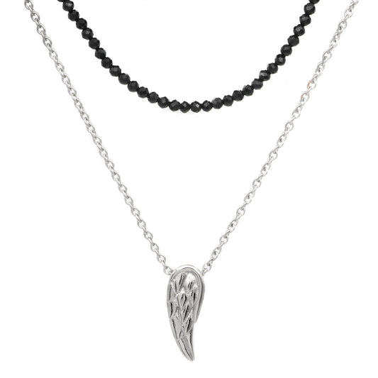 Black Spinel Beaded Double Chain Necklace With Wing Pendant