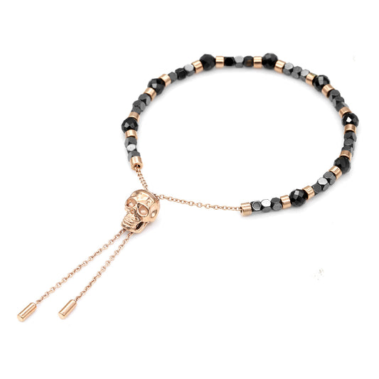 Black Spinel Rose Gold Skull Pull Chain Adjustable Bracelet