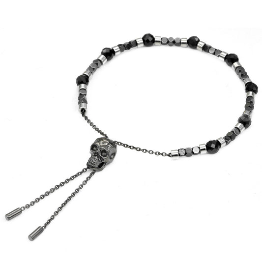 Black Spinel Skull Pull Chain Bracelet Adjustable For Men