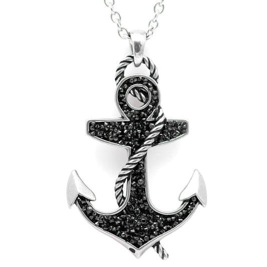 Black Stone Anchor Pendant Necklace With Rope Chain