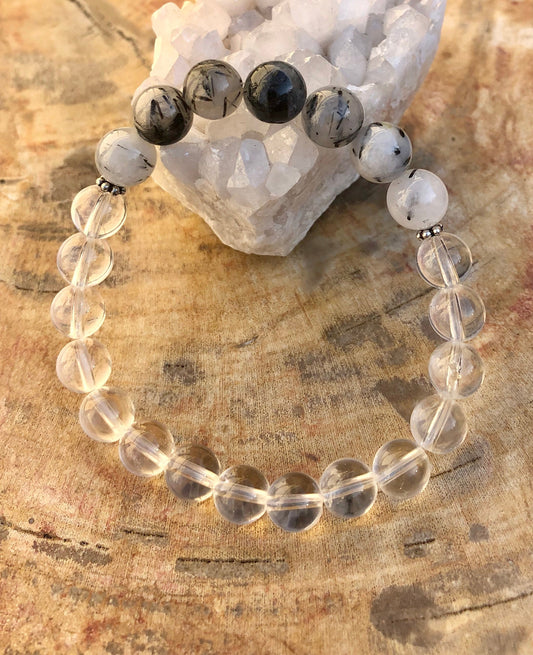 Black Tourmaline Crystal Quartz Stretch Bead Bracelet
