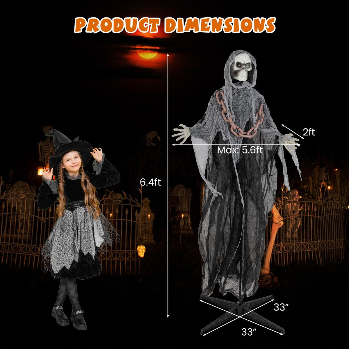 6.4 Feet Halloween Standing Grim Reaper with Lighted Eyes and Terrifying Sounds