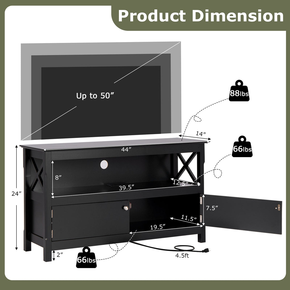 44 Inch Wooden Storage Cabinet TV Stand