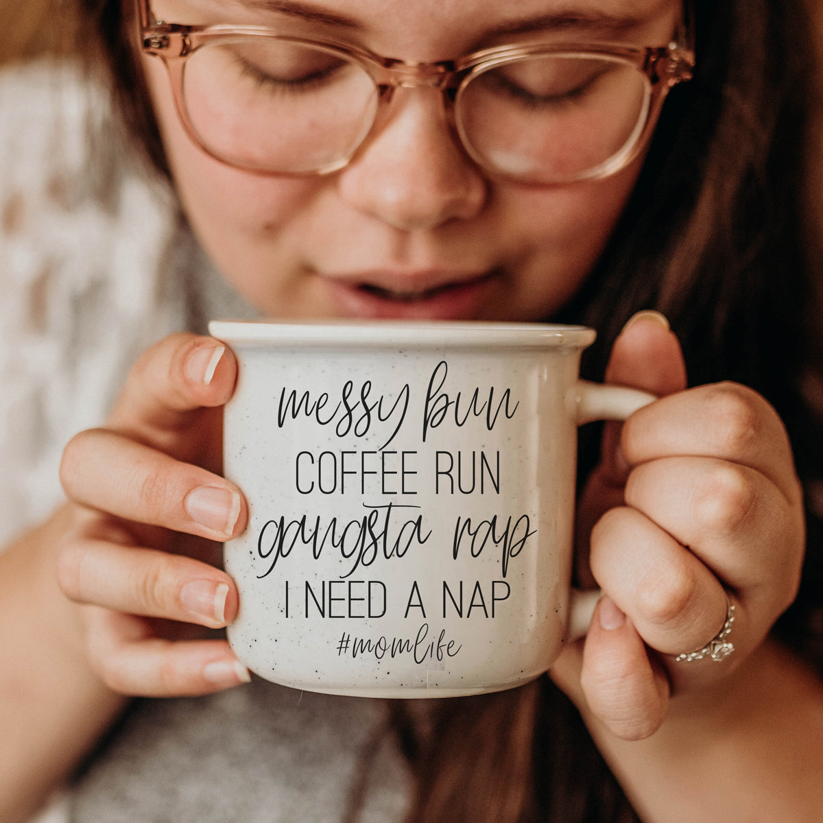 Messy Bun Coffee Run 14.5oz Ceramic Campfire Mug Double-Sided Speckled