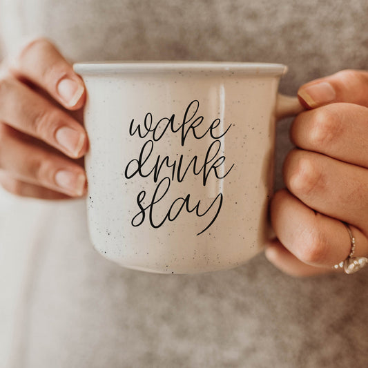 Wake Drink Slay 14.5oz Ceramic Campfire Mug Double-Sided Speckled White Sesame