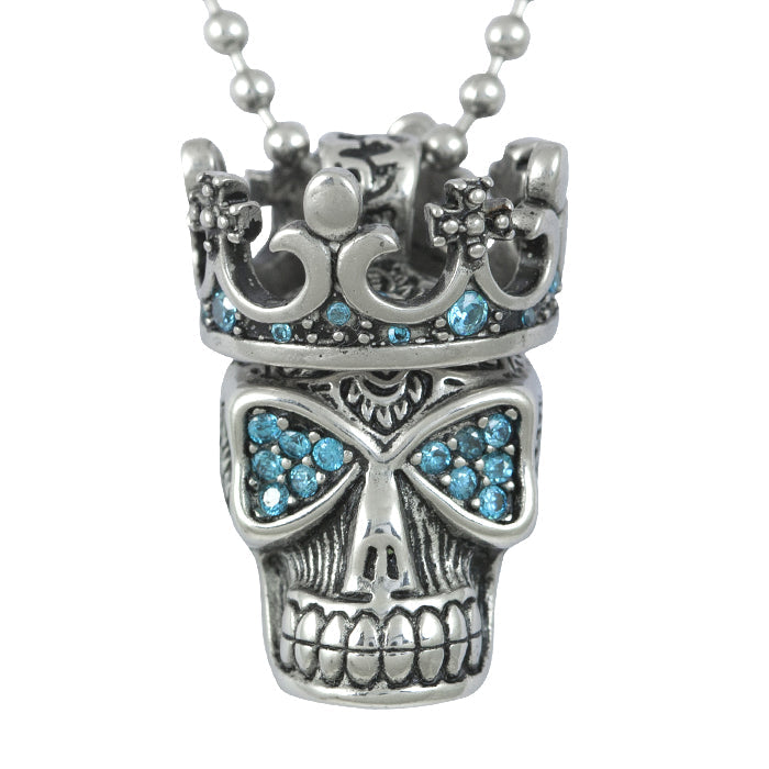 Blue Crystal Skull Crown Necklace Gothic Pendant Chain