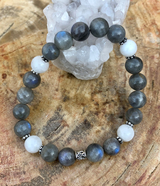 Blue Flash Labradorite Rainbow Moonstone Stretch Bracelet