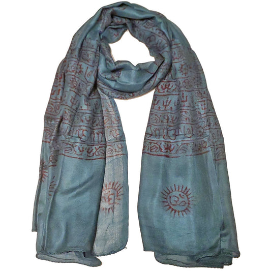 Blue Om Print Scarf Lightweight Boho Asian Symbol Wrap