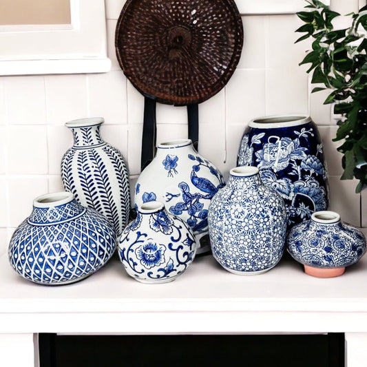 Blue Porcelain Plant Vases Set, Modern Indoor Decorative Planters For Home