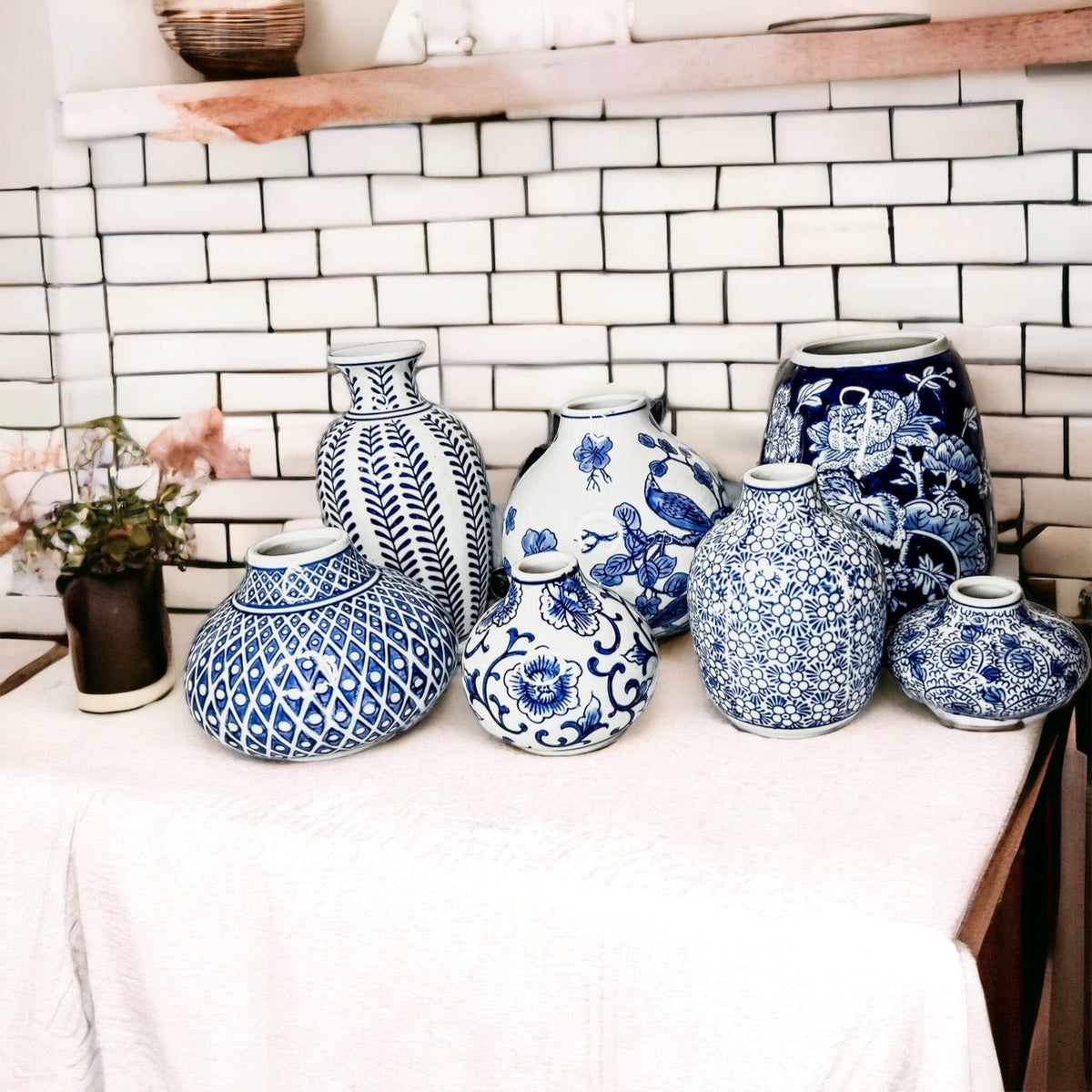 Blue Porcelain Plant Vases Set, Modern Indoor Decorative Planters For Home