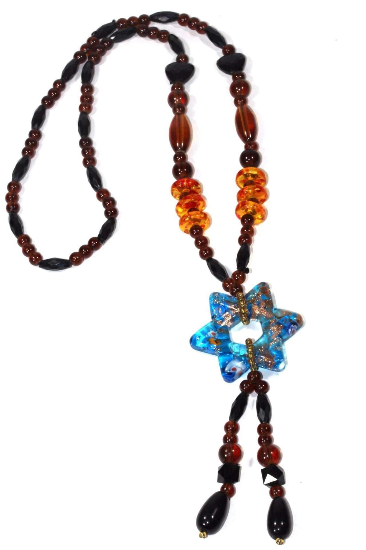 Blue Star Glass Pendant Necklace Long Beaded Adjust Boho