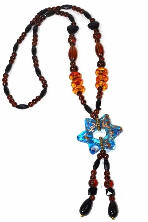 Blue Star Glass Pendant Necklace Long Beaded Adjust Boho