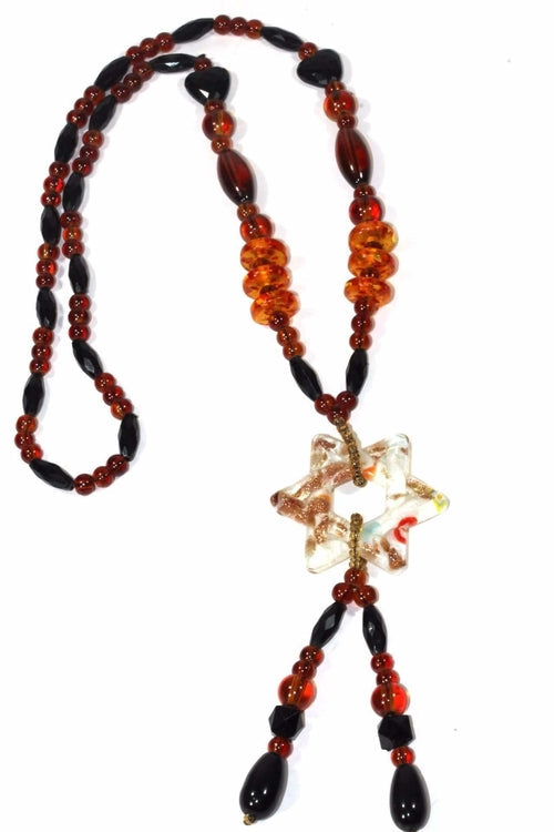Blue Star Glass Pendant Necklace Long Beaded Adjust Boho