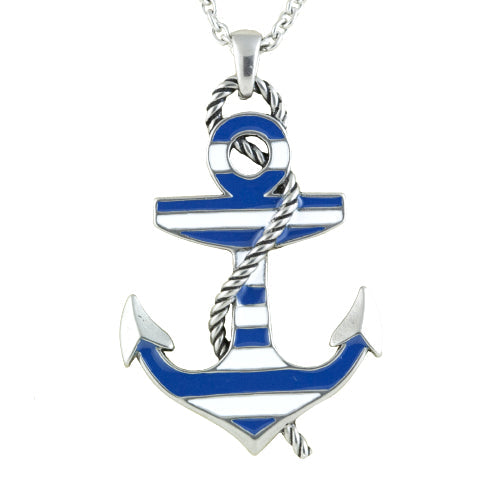 Blue Striped Anchor Necklace Nautical Silver Rope Pendant