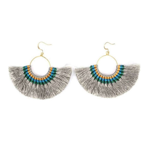 Tassel Fan Earrings Boho Cotton Tassel Lightweight 3in Drop Brass Handmade