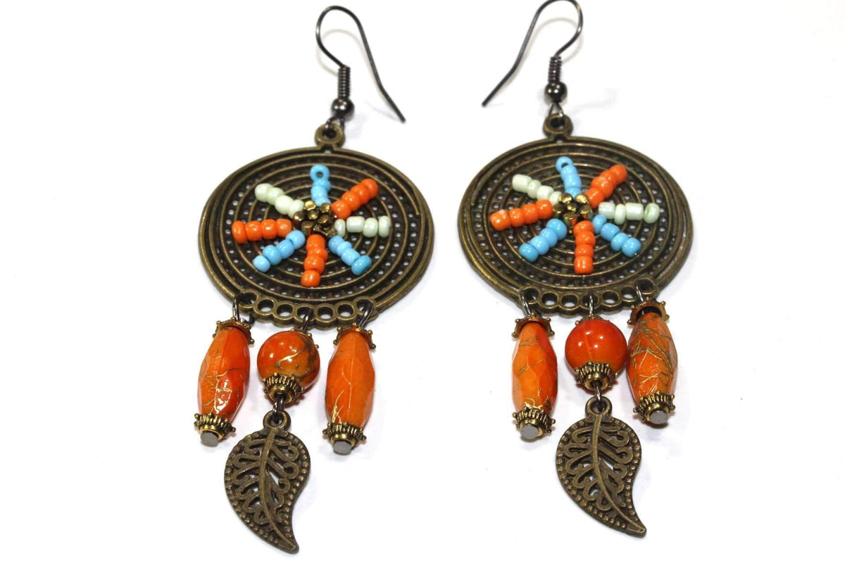 Boho Dreamcatcher Beaded Earrings Orange Turquoise Fringe