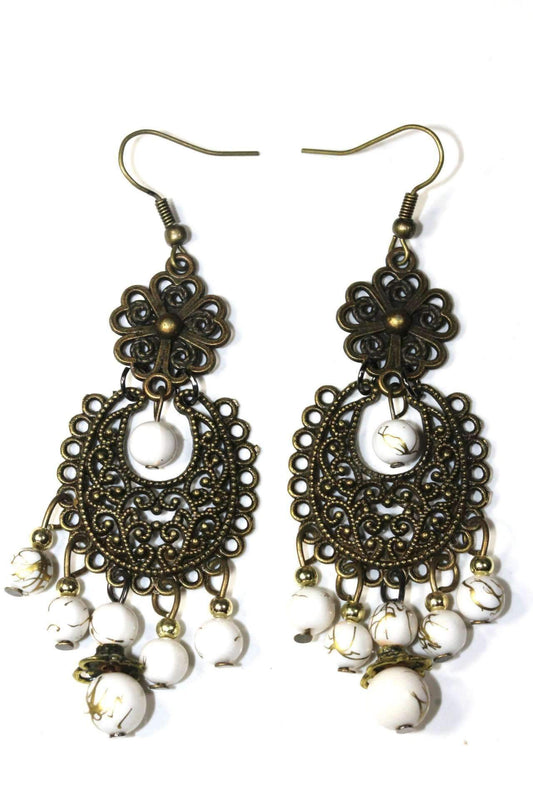 Boho Filigree Dangle Earrings White Stone Bead Chandelier