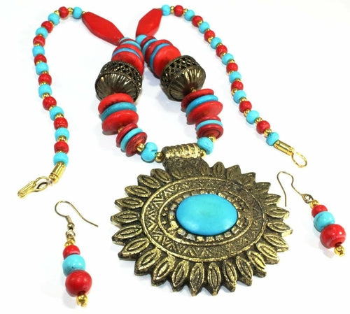 Boho Flower Medallion Necklace And Earrings Set Turquoise
