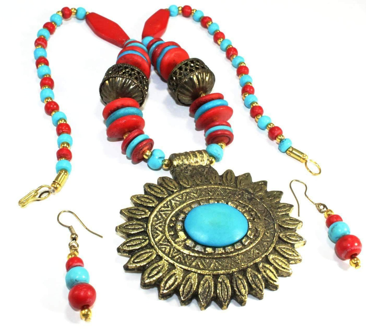 Boho Flower Medallion Necklace And Earrings Set Turquoise