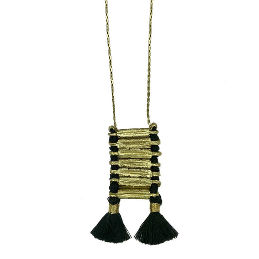 Temple Necklace Boho Indian Oxidized Zinc Alloy Cotton Tassel 17in Handmade