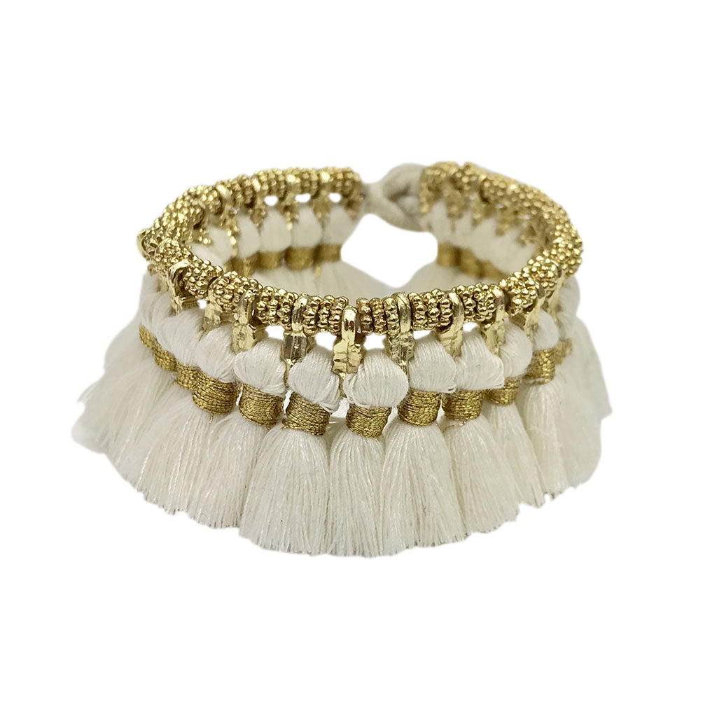 Boho Kyra Tassel Cuff Bracelet 7 Inch Handwoven Metal Beads Cotton Tassels