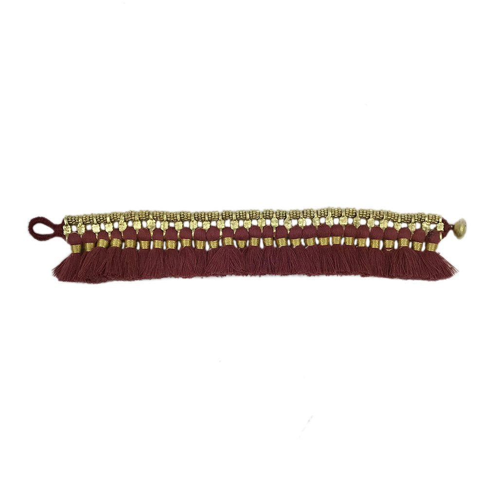 Boho Kyra Tassel Cuff Bracelet 7 Inch Handwoven Metal Beads Cotton Tassels