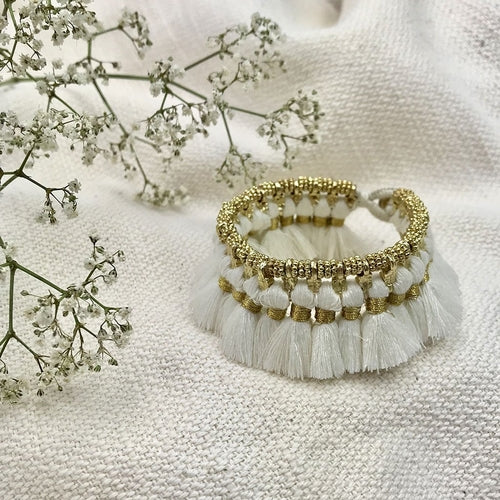 Boho Kyra Tassel Cuff Bracelet 7 Inch Handwoven Metal Beads Cotton Tassels