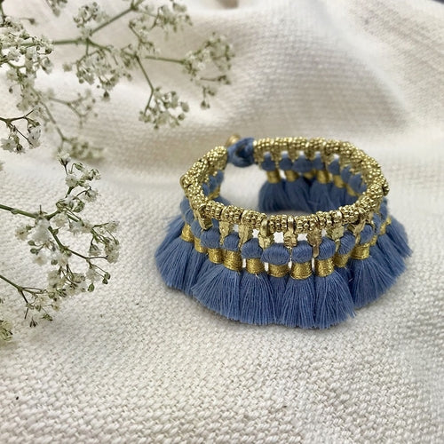 Boho Kyra Tassel Cuff Bracelet 7 Inch Handwoven Metal Beads Cotton Tassels