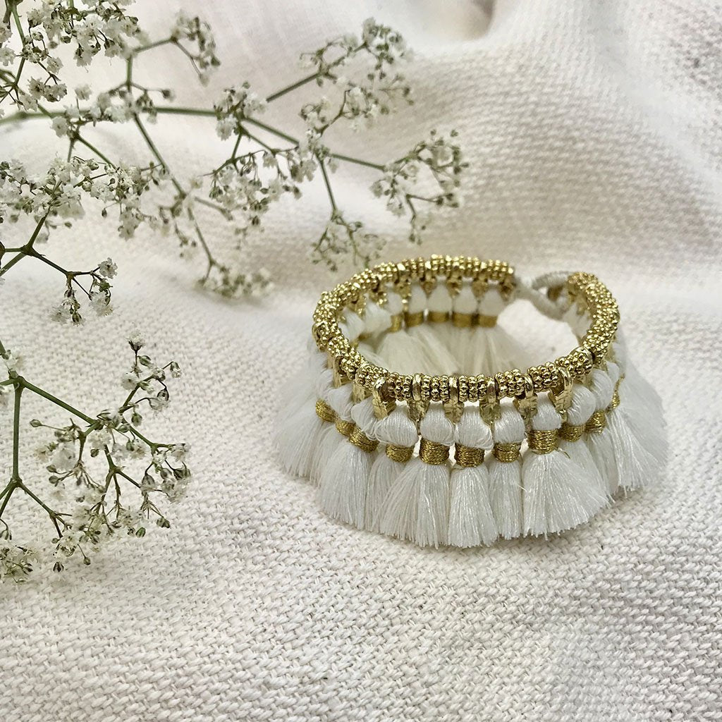 Boho Kyra Tassel Cuff Bracelet 7 Inch Handwoven Metal Beads Cotton Tassels