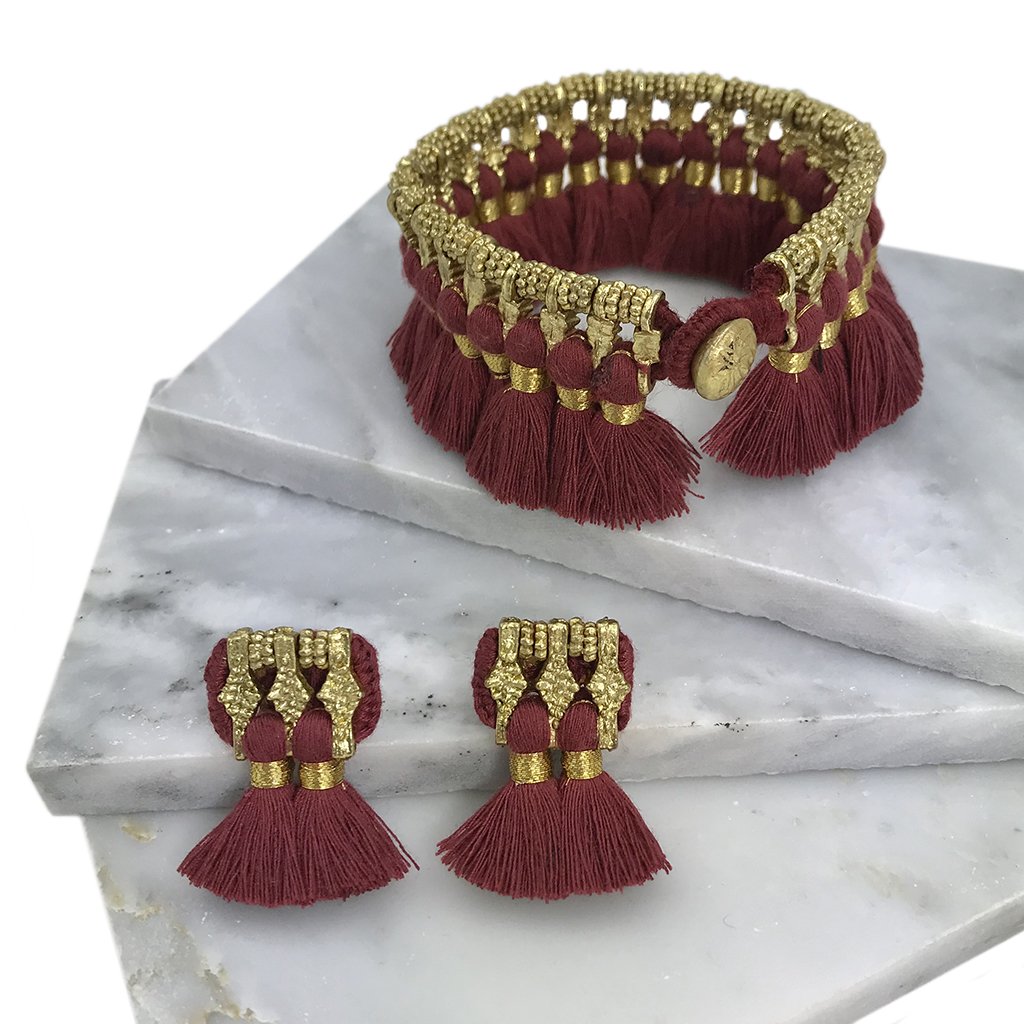 Boho Kyra Tassel Cuff Bracelet 7 Inch Handwoven Metal Beads Cotton Tassels