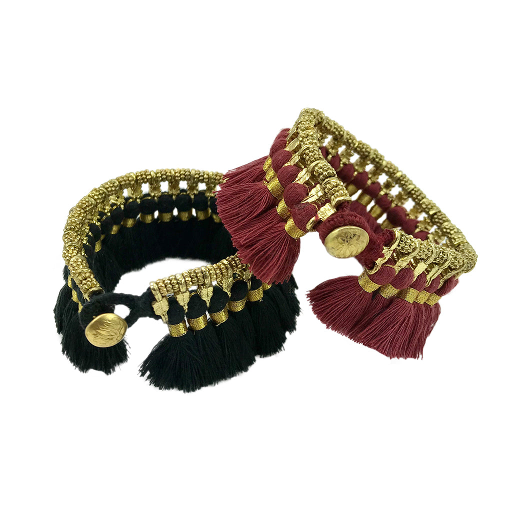 Boho Kyra Tassel Cuff Bracelet 7 Inch Handwoven Metal Beads Cotton Tassels