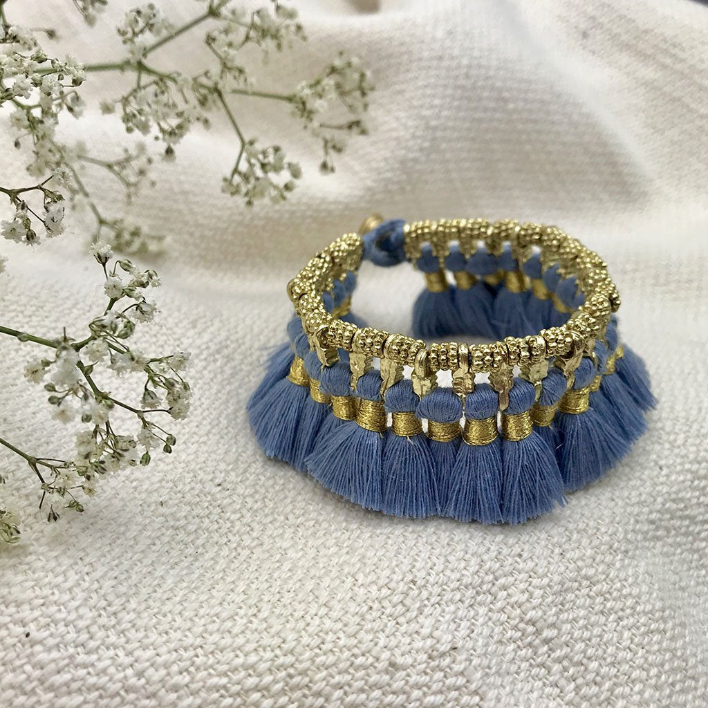 Boho Kyra Tassel Cuff Bracelet 7 Inch Handwoven Metal Beads Cotton Tassels