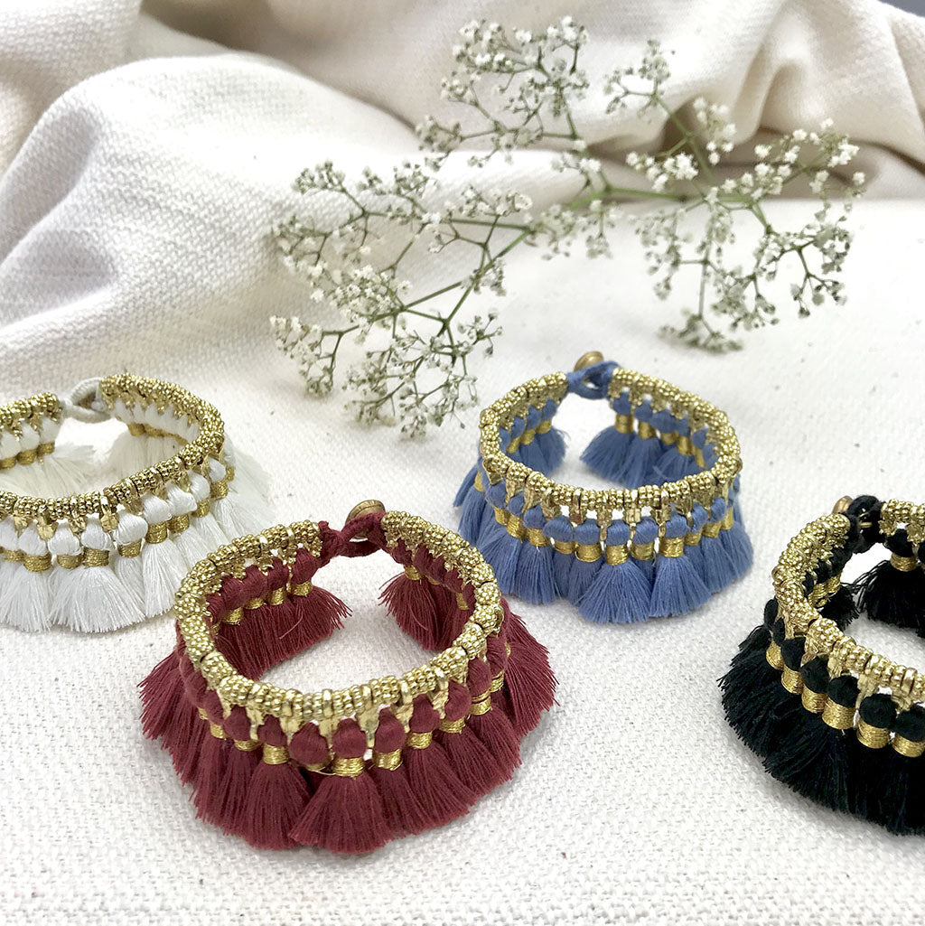 Boho Kyra Tassel Cuff Bracelet 7 Inch Handwoven Metal Beads Cotton Tassels