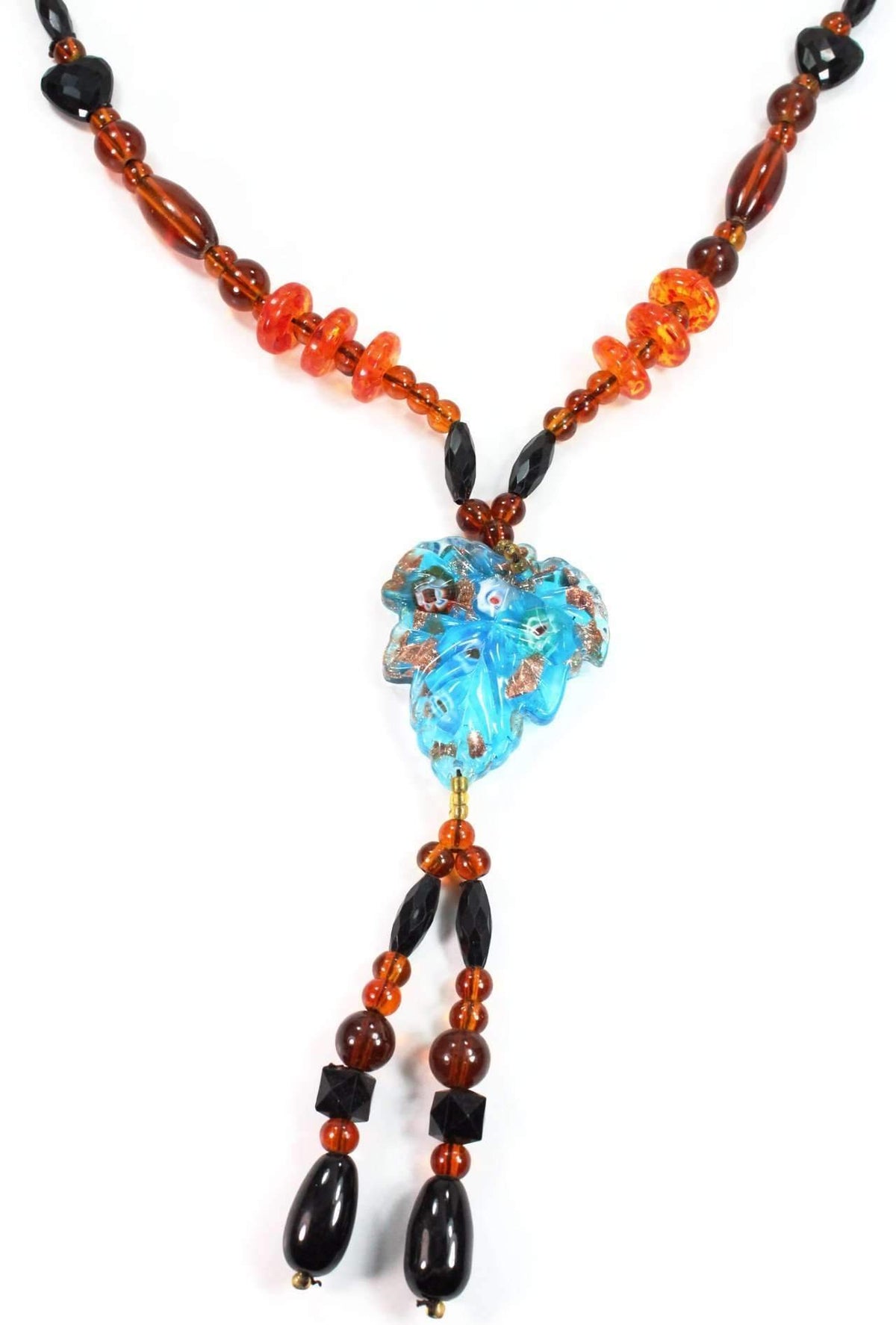 Boho Leaf Pendant Necklace With Shimmer Glass Bead Accent