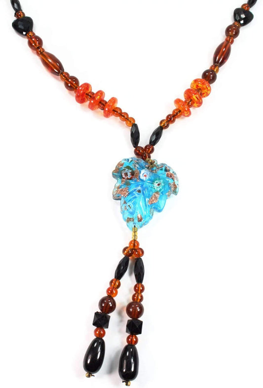 Boho Leaf Pendant Necklace With Shimmer Glass Bead Accent
