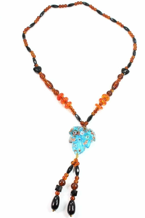 Boho Leaf Pendant Necklace With Shimmer Glass Bead Accent