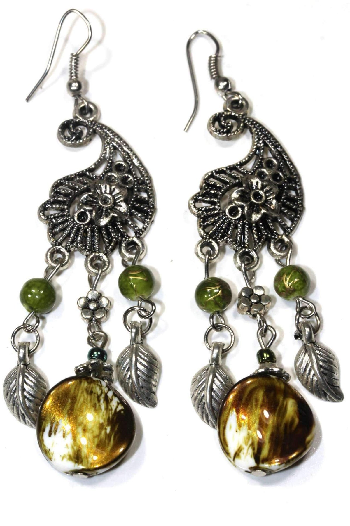 Boho Paisley Dangle Earrings Green Glass Bead Charms