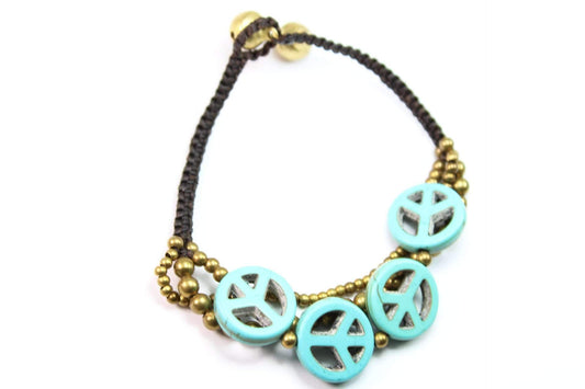 Boho Peace Symbol Bracelet Turquoise Bead Macrame Womens