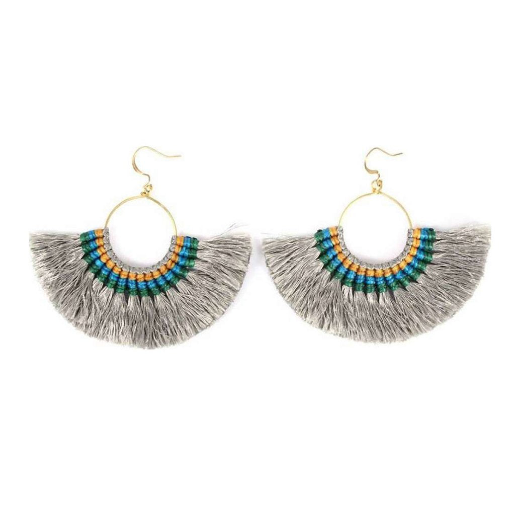 Tassel Fan Earrings Boho Cotton Tassel Lightweight 3in Drop Brass Handmade