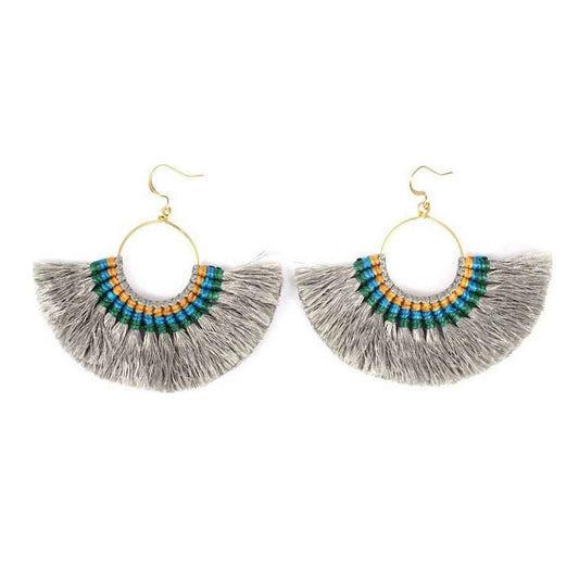 Tassel Fan Earrings Boho Cotton Tassel Lightweight 3in Drop Brass Handmade