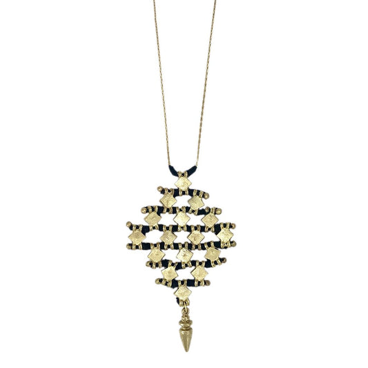 Boho Tribal Long Necklace Zinc Alloy Metal Cotton Thread Diamond Pendant