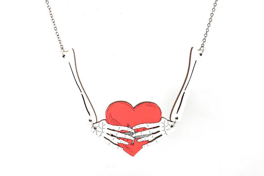 Bone Heart Necklace Skeleton Hands Red Heart Pendant