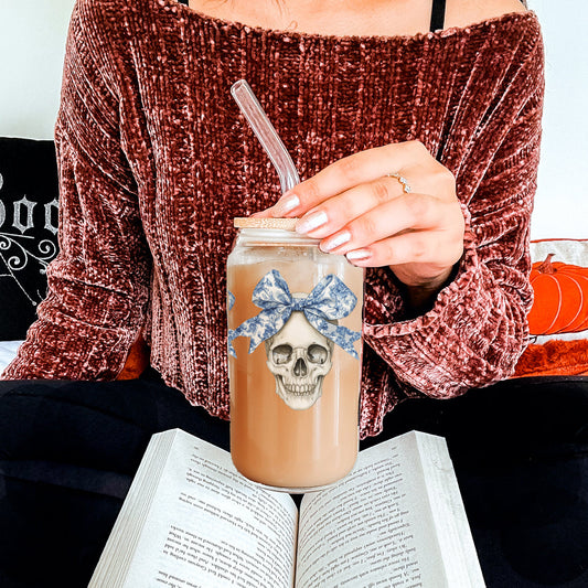 Bow Skull 20oz Insulated Glass Tumbler With Bamboo Lid And Stainless Straws