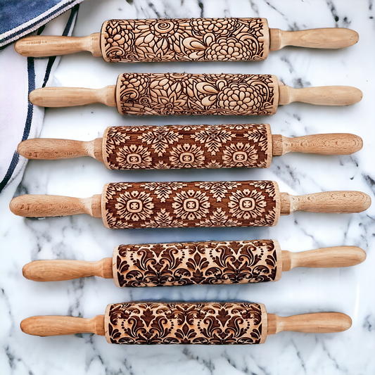 Boxed Rolling Pin Set - 5 Patterned Baking Pins, Kids Friendly, Wooden