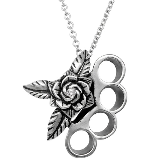 Brass Knuckle Rose Pendant Necklace Gothic Statement